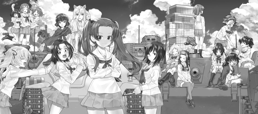 6+girls absurdres adjusting_eyewear animal_ears blouse caesar_(girls_und_panzer) cat_ears clipboard closed_eyes cloud cloudy_sky coke-bottle_glasses commentary_request crossed_legs day erwin_(girls_und_panzer) eyepatch fake_animal_ears flexing food frown fruit girls_und_panzer glasses greyscale hair_between_eyes hair_pulled_back hair_ribbon hairband handheld_game_console hands_on_lap hanging hat headband highres holding holding_clipboard holding_clothes holding_handheld_game_console holding_hat holding_pencil indian_style inou_takashi jagdpanzer_38(t) kadotani_anzu kawashima_momo knees_together_feet_apart koyama_yuzu leaning_forward legs_up loafers long_hair long_sleeves looking_at_another looking_at_viewer looking_back lying m3_lee maruyama_saki medium_hair messy_hair military military_vehicle miniskirt momogaa_(girls_und_panzer) monochrome monocle motor_vehicle multiple_girls neckerchief nekonyaa_(girls_und_panzer) official_art on_back one_eye_closed ooarai_marine_tower ooarai_school_uniform oono_aya open_mouth oryou_(girls_und_panzer) outdoors parted_bangs peach peaked_cap pencil piyotan_(girls_und_panzer) playing_games pleated_skirt pointy_hair pose pushing ribbon saemonza_(girls_und_panzer) sailor_collar sakaguchi_karina sanada_clan_(emblem) sawa_azusa scarf school_uniform semi-rimless_eyewear serafuku shirt shoes short_hair short_ponytail short_sleeves sitting skirt sky smile socks standing sturmgeschutz_iii tank thighhighs twintails under-rim_eyewear unworn_hat unworn_headwear utsugi_yuuki yamagou_ayumi