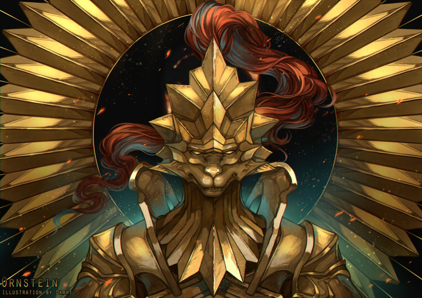 1boy armor artist_name character_name circle dark_souls_(series) dark_souls_i dkaki dragon_slayer_ornstein embers facing_viewer glowing gold_armor helmet knight light_particles male_focus pauldrons photoshop_(medium) plume shoulder_armor solo upper_body