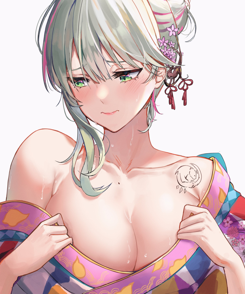 absurdres breasts cleavage collarbone dobure18 embarrassed eyelashes female flower green_eyes green_hair hair_flower hair_ornament heavy_breathing highres japanese_clothes kimono large_breasts lips looking_away miyu_ottavia mole mole_on_chest multicolored_hair nijisanji nijisanji_id side_ponytail simple_background single_bare_shoulder solo streaked_hair sweat tattoo undressing virtual_youtuber white_background