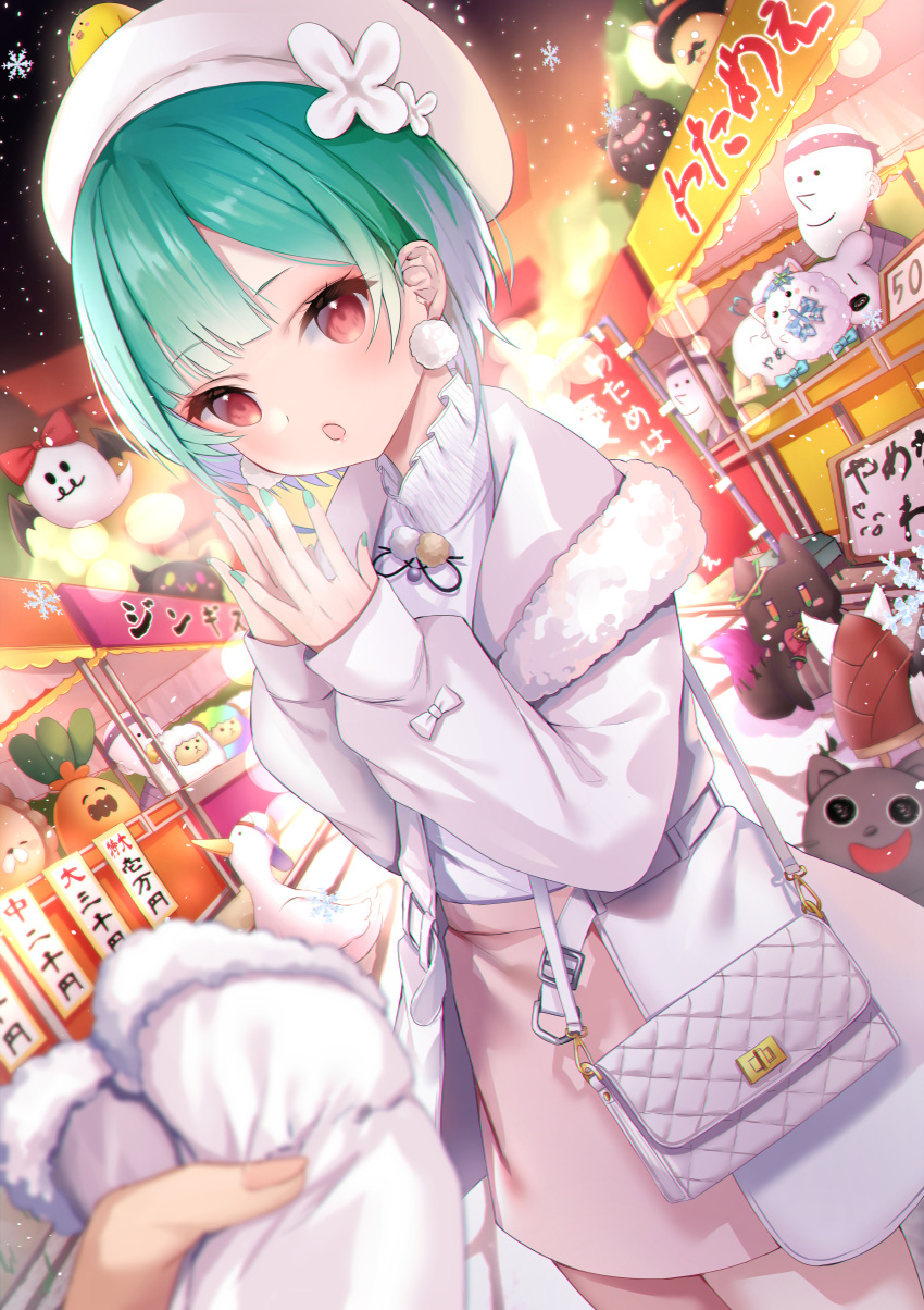 1other :o absurdres amahara_pekozaemon bag bamboo_shoot beret bibi_(tokoyami_towa) breathing_on_hands commentary_request ebi_frion_(natsuiro_matsuri) female flower fur-trimmed_jacket fur-trimmed_mittens fur_trim green_hair green_nails handbag hands_up hat highres holding hololive hoso-inu jacket long_sleeves market_stall mittens nail_polish nekko_(momosuzu_nene) neko_(minato_aqua) night night_sky official_alternate_costume official_alternate_hairstyle open_clothes open_jacket oruyanke_(shirakami_fubuki) outdoors parted_lips pink_skirt piyoko_(uruha_rushia) puffy_long_sleeves puffy_sleeves red_eyes ryoushi_chicken_soup_grass_big_chungus shiokko_(murasaki_shion) shirt short_hair shoulder_bag skirt sky sleeves_past_wrists snowflakes solo_focus ssrb_(shishiro_botan) star_(sky) starry_sky subaru_duck uruha_rushia uruha_rushia_(school_uniform) virtual_youtuber wata-mate_(tsunomaki_watame) white_flower white_headwear white_jacket white_mittens white_shirt yukihana_lamy yukimin_(yukihana_lamy) zain_(omaru_polka)