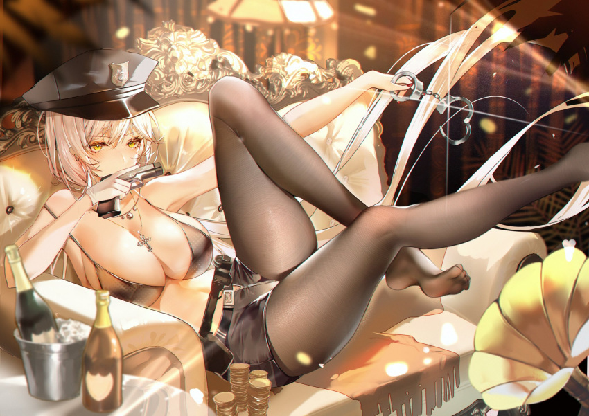 azur_lane bare_shoulders bikini bikini_top_only black_hat black_pantyhose black_shorts blurry bottle bra breasts coin covered_mouth cross cross_necklace cuffs depth_of_field feet female floating_hair foot_out_of_frame foot_up gloves gold_coin gun handcuffs handgun hat highres holding holding_gun holding_handcuffs holding_weapon ice indoors jewelry kirov_(azur_lane) lamp large_breasts leg_up legs long_hair looking_at_viewer necklace no_shoes pantyhose peaked_cap phonograph police_hat reclining see-through see-through_legwear short_shorts shorts sideboob sidelocks sitting solo swimsuit thighs toes underwear very_long_hair weapon white_gloves xiongshouji yellow_eyes zipper zipper_pull_tab