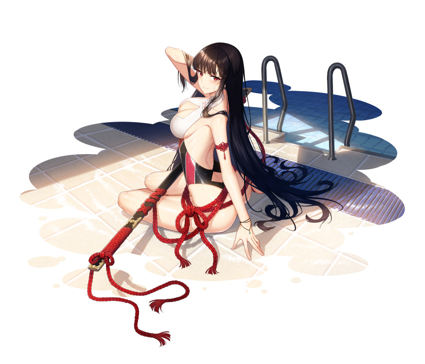 absurdres alternate_costume arm_up ass backless_swimsuit bad_anatomy bare_arms bare_legs bare_shoulders black_hair bracelet breasts competition_swimsuit counter:side female highleg highleg_swimsuit highres jewelry katana large_breasts long_hair looking_at_viewer looking_back official_alternate_costume official_art one-piece_swimsuit poolside red_eyes sheath sheathed sitting smile solo swimsuit sword thighs transparent_background very_long_hair weapon wet yen_xing_lanchester yokozuwari