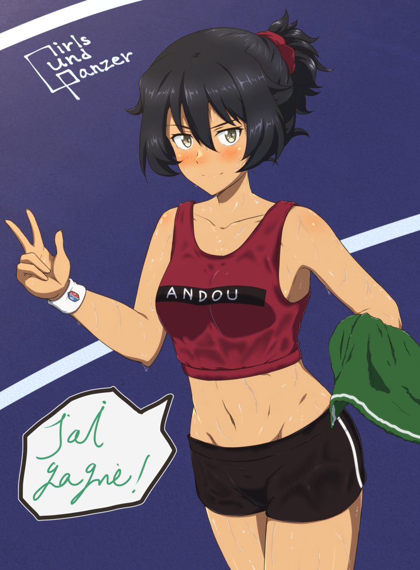 abs ada_badguy alternate_hairstyle andou_(girls_und_panzer) bc_freedom_(emblem) bike_shorts black_eyes black_hair black_shorts blush brown_eyes character_name closed_mouth clothes_writing commentary_request copyright_name cowboy_shot crop_top cursive dark-skinned_female dark_skin emblem female french_text girls_und_panzer hair_up highres holding holding_towel looking_at_viewer messy_hair midriff mixed-language_commentary navel partial_commentary red_scrunchie red_shirt scrunchie shirt short_hair short_shorts shorts single_vertical_stripe smile solo speech_bubble standing sweat tank_top towel track_and_field translated w wristband