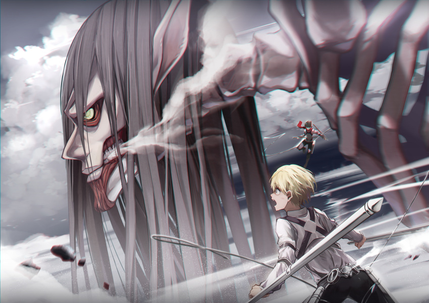 2boys armin_arlert black_hair blonde_hair cloud cloudy_sky commentary_request eren_yeager female founding_titan highres koe_(mixpi) long_hair mikasa_ackerman monster multiple_boys red_scarf scarf shingeki_no_kyojin shirt sky spoilers teeth three-dimensional_maneuver_gear titan_(shingeki_no_kyojin)