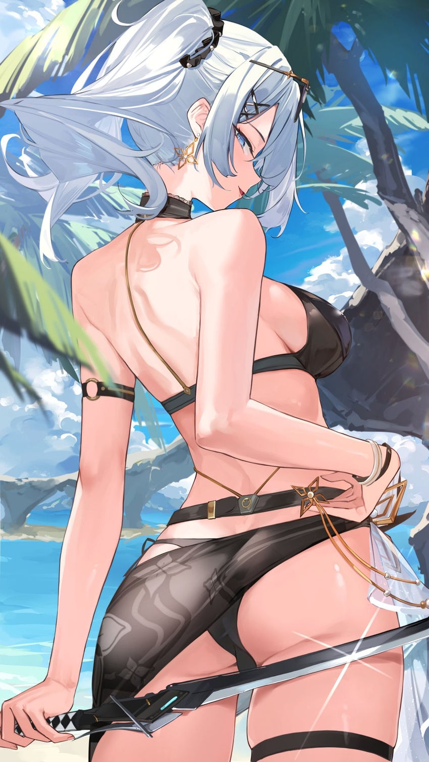 7gao aether_gazer arm_strap ass back bangle bare_shoulders belt bikini black_bikini black_choker blue_eyes bracelet breasts choker cowboy_shot earrings eyewear_on_head female from_behind glint hair_ornament hair_scrunchie hairclip highres holding holding_sword holding_weapon jewelry kotachi_(aether_gazer) long_hair looking_at_viewer looking_back medium_breasts outdoors parted_lips profile reverse_grip sarong scrunchie side-tie_bikini_bottom sidelocks skindentation smile solo standing star_(symbol) star_earrings string_bikini sunglasses swimsuit sword thigh_strap thighs twintails weapon white_hair wristband x_hair_ornament