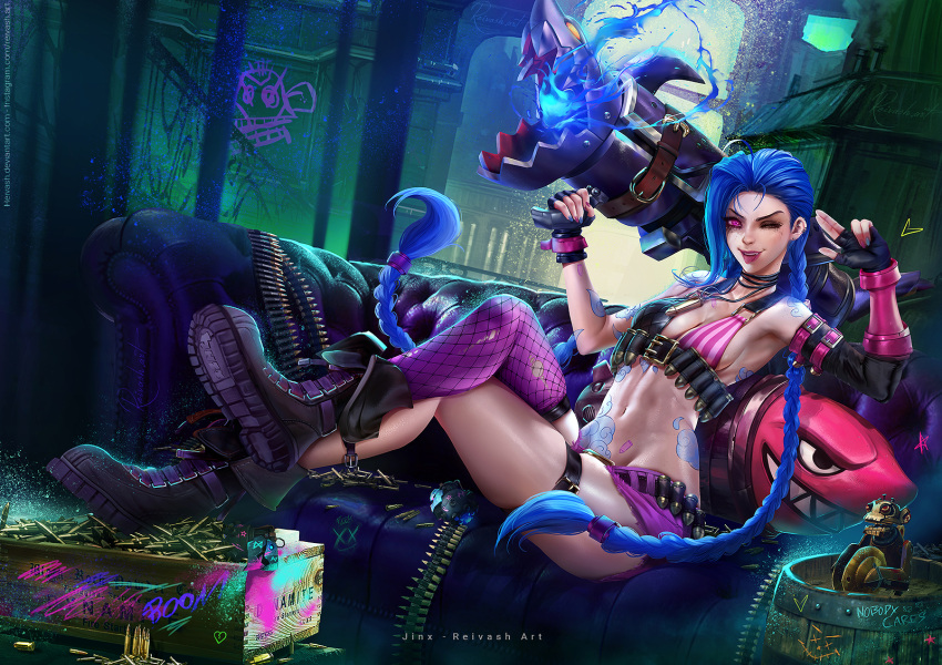 artist_name black_footwear black_gloves blue_hair braid breasts bullet cloud_tattoo couch female fingerless_gloves fire from_side gloves heart highres holding holding_rocket_launcher holding_weapon javier_estrada jinx_(league_of_legends) league_of_legends long_hair looking_at_viewer nail_polish navel one_eye_closed pink_eyes rocket_launcher shiny_clothes shiny_skin shoes sitting smile solo stomach tongue tongue_out twin_braids w weapon