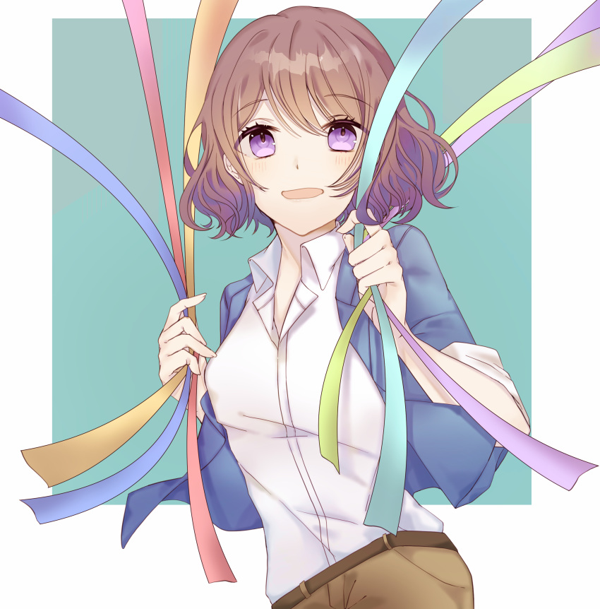 absurdres bad_id bad_pixiv_id blue_background blush brown_hair brown_pants female highres izumi_rei_(stand_my_heroes) kom0980 looking_at_viewer open_mouth pants purple_eyes shirt short_hair short_sleeves simple_background solo stand_my_heroes standing streamers white_shirt