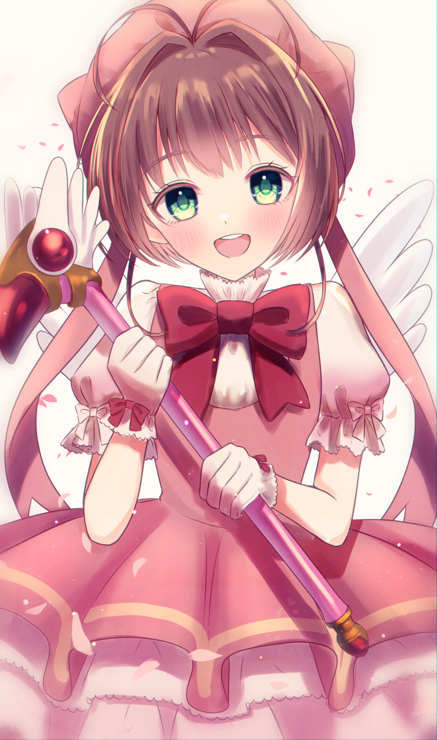 :d absurdres antenna_hair beret blurry blush bow bowtie brown_hair cardcaptor_sakura commentary depth_of_field dress falling_petals female fuuin_no_tsue glove_bow gloves green_eyes happy hat highres holding holding_wand junineu kinomoto_sakura looking_at_viewer magical_girl open_mouth petals petticoat pink_dress pink_hat pink_ribbon pleated_dress puffy_short_sleeves puffy_sleeves red_bow red_bowtie ribbon shadow shirt short_hair short_sleeves simple_background sleeveless sleeveless_dress smile solo split_mouth standing teeth upper_teeth_only wand white_background white_gloves white_shirt white_wings wings