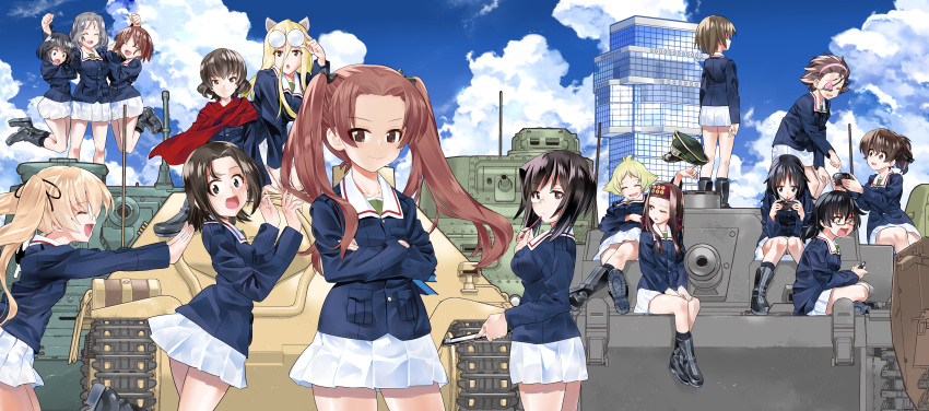 6+girls absurdres adjusting_eyewear animal_ears black_eyes black_footwear black_hair black_socks blonde_hair blue_jacket blue_sky boots brown_eyes brown_hair caesar_(girls_und_panzer) cat_ears clipboard closed_eyes cloud cloudy_sky coke-bottle_glasses commentary_request crossed_legs day erwin_(girls_und_panzer) eyepatch fake_animal_ears flexing food frown fruit girls_und_panzer glasses green_shirt grey_hair hair_between_eyes hair_pulled_back hair_ribbon hairband handheld_game_console hands_on_lap hanging hat headband highres holding holding_clipboard holding_clothes holding_handheld_game_console holding_hat holding_pencil indian_style inou_takashi jacket jagdpanzer_38(t) kadotani_anzu kawashima_momo knees_together_feet_apart koyama_yuzu leaning_forward legs_up light_brown_hair long_hair long_sleeves looking_at_another looking_at_viewer looking_back lying m3_lee maruyama_saki medium_hair messy_hair military military_uniform military_vehicle miniskirt momogaa_(girls_und_panzer) monocle motor_vehicle multiple_girls nekonyaa_(girls_und_panzer) official_art on_back one_eye_closed ooarai_marine_tower ooarai_military_uniform oono_aya open_mouth oryou_(girls_und_panzer) outdoors parted_bangs peach peaked_cap pencil pink_hairband piyotan_(girls_und_panzer) playing_games pleated_skirt pointy_hair pose pushing red_headband red_scarf ribbon saemonza_(girls_und_panzer) sakaguchi_karina sanada_clan_(emblem) sawa_azusa scarf semi-rimless_eyewear shirt short_hair short_ponytail sitting skirt sky smile socks standing sturmgeschutz_iii tank twintails under-rim_eyewear uniform unworn_hat unworn_headwear utsugi_yuuki white_skirt yamagou_ayumi