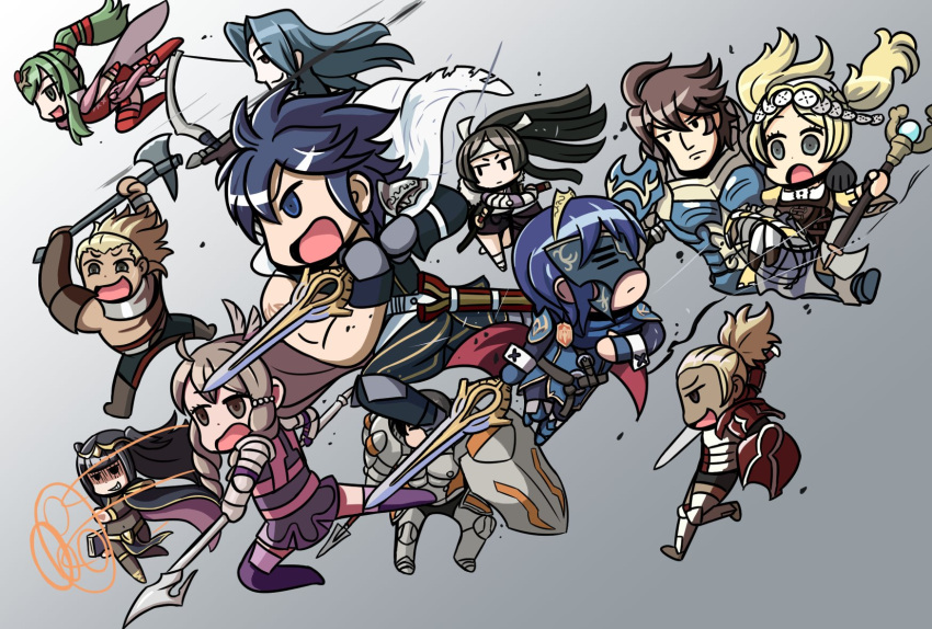 5boys 6+girls axe blonde_hair blue_hair box_art brown_hair butterfly_mask chibi chrom_(fire_emblem) english_commentary fire_emblem fire_emblem_awakening flavia_(fire_emblem) frederick_(fire_emblem) gradient_background grey_background highres holding holding_axe holding_polearm holding_sword holding_weapon kellam_(fire_emblem) lissa_(fire_emblem) magic marth_(fire_emblem_awakening) mask multiple_boys multiple_girls parody polearm riyo_(lyomsnpmp)_(style) say'ri_(fire_emblem) shield spear style_parody sumia_(fire_emblem) sword tharja_(fire_emblem) tiki_(adult)_(fire_emblem) tiki_(fire_emblem) vaike_(fire_emblem) virion_(fire_emblem) weapon will_(willanator93)