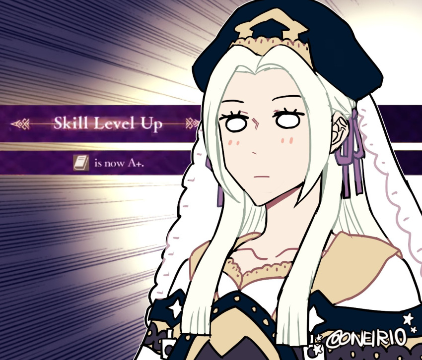 :| alternate_costume blush book closed_mouth collarbone commentary edelgard_von_hresvelg english_commentary female fire_emblem fire_emblem:_three_houses gameplay_mechanics headwear_request highres level_up long_hair meme nun oneirio solo white_eyes white_hair