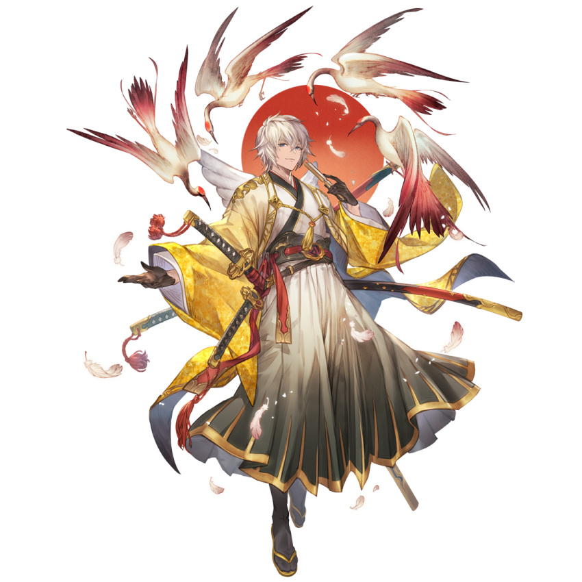 1boy bird black_gloves blue_eyes closed_mouth crane_(animal) feathers folding_fan full_body gloves granblue_fantasy hand_fan japanese_clothes katana kimono long_sleeves looking_at_viewer lucio_(granblue_fantasy) male_focus minaba_hideo multiple_swords official_alternate_costume official_art outstretched_arm sandals sheath sheathed shirt short_hair smile solo sword tabi transparent_background weapon white_shirt wide_sleeves wings