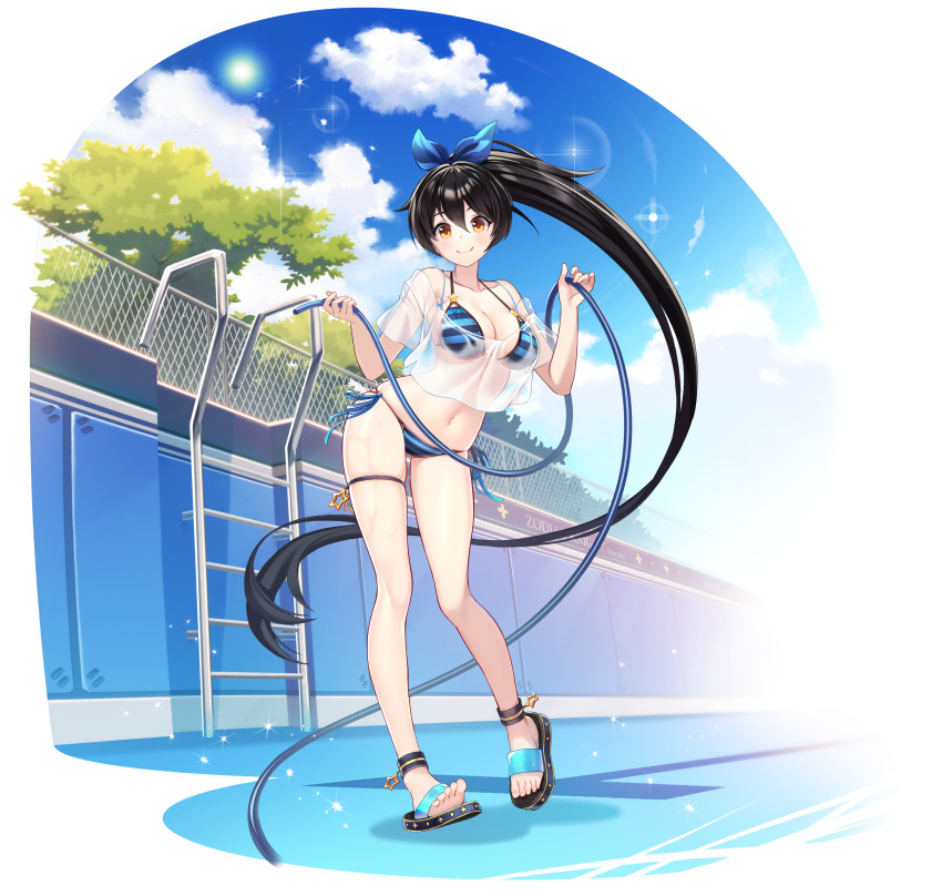 absurdly_long_hair absurdres alternate_costume anklet bare_legs bikini black_hair blue_bikini breasts cleavage counter:side crop_top crop_top_overhang empty_pool female full_body hair_ribbon halterneck highres holding holding_hose hose jewelry large_breasts legs liv_allen long_hair looking_at_viewer navel no_pants off_shoulder official_alternate_costume official_art orange_eyes outdoors ponytail pool ribbon sandals see-through shirt short_sleeves side-tie_bikini_bottom skindentation smile solo standing stomach string_bikini striped_bikini striped_clothes swimsuit thigh_strap thighs transparent_background very_long_hair wet