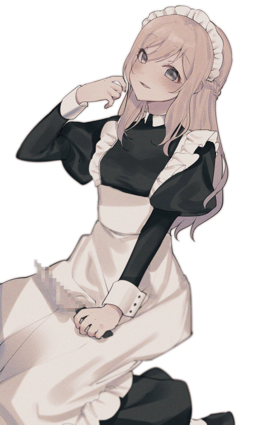 alternate_costume apron bad_id bad_twitter_id black_dress black_eyes blush braid brown_hair censored dress enmaided female film_grain french_braid frilled_apron frills half_updo head_tilt highres holding holding_knife knife long_hair long_sleeves looking_at_viewer maid maid_apron maid_day maid_headdress mosaic_censoring nijisanji nijisanji_kr parted_lips puffy_long_sleeves puffy_sleeves self-portrait simple_background single_hair_intake sitting smile so_nagi so_nagi_(artist) solo swept_bangs underbust virtual_youtuber white_apron white_background wrist_cuffs yandere