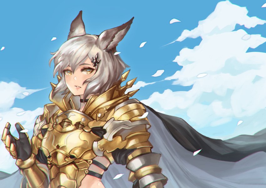 absurdres animal_ears armor breastplate cape cloud commentary_request day erune female gauntlets golden_knight_(granblue_fantasy) granblue_fantasy green_hair hair_ornament highres hjz_(artemi) leaf looking_at_viewer short_hair shoulder_armor solo upper_body wind yellow_eyes