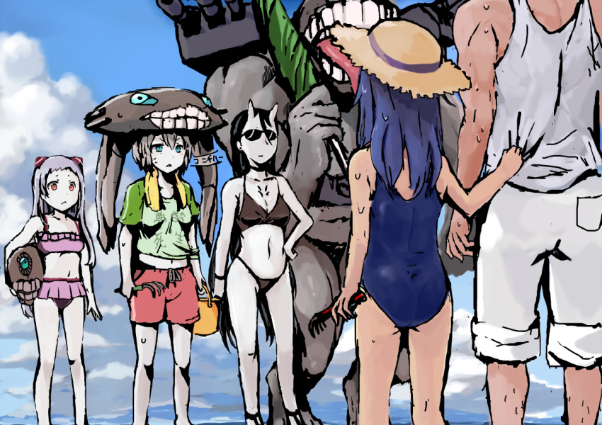 1boy 4girls :< abyssal_ship admiral_(kancolle) airfield_princess alternate_costume battleship_princess bikini black_bikini black_hair blue_eyes blue_hair blue_one-piece_swimsuit breasts bucket clam_digging closed_mouth clothes_writing cloud commentary_request day grey_hair ha-class_destroyer hand_on_own_hip hat holding horns kantai_collection long_hair multiple_girls one-piece_swimsuit open_mouth outdoors pale_skin pink_bikini red_eyes shirt shorts sky sowamame straw_hat sunglasses sweat swimsuit tank_top teeth ushio_(kancolle) wo-class_aircraft_carrier