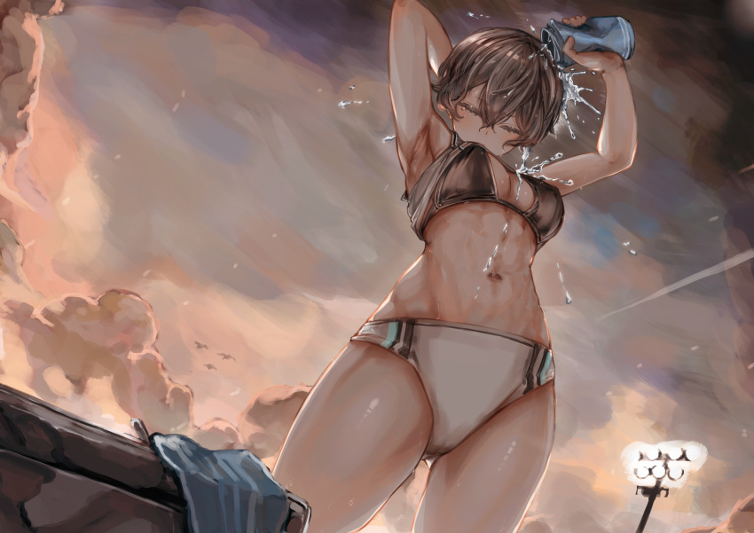 absurdres arm_behind_head armpits black_bra black_hair bra breasts cleavage cloud female highres navel one_eye_closed original outdoors short_hair soleil_(soleilmtfbwy03) solo track_uniform underwear water