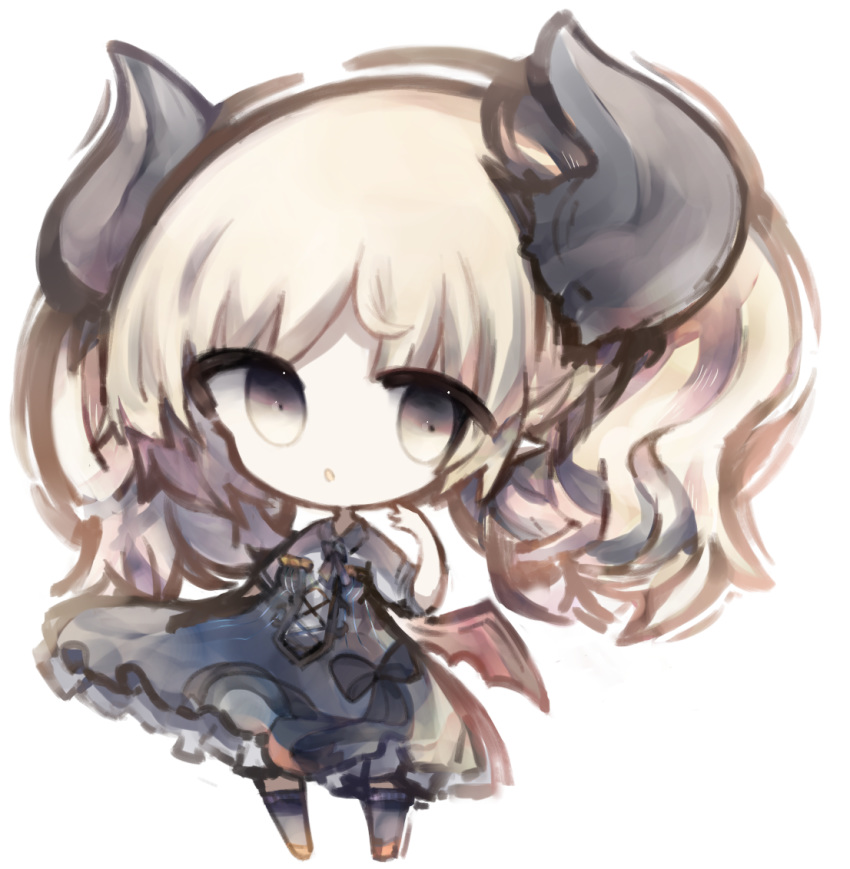 bad_id bad_pixiv_id black_bow black_dress black_thighhighs blonde_hair bow brown_eyes brown_footwear chibi collared_shirt commentary_request cottontailtokki curled_horns demon_horns dress female full_body gremory_(shadowverse) hand_up horns long_hair shadowverse shirt short_sleeves simple_background solo standing strapless strapless_dress thighhighs white_background white_shirt