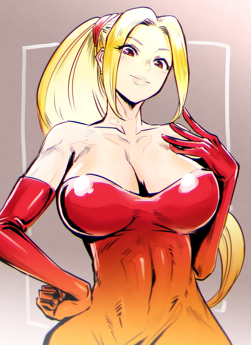 bare_shoulders blonde_hair breasts cleavage closed_mouth collarbone commentary_request dress elbow_gloves female gloves highres large_breasts long_hair looking_at_viewer ponytail red_dress red_gloves riku_(ukir125) short_dress shynesslady smile solo star_ocean star_ocean_the_second_story strapless very_long_hair