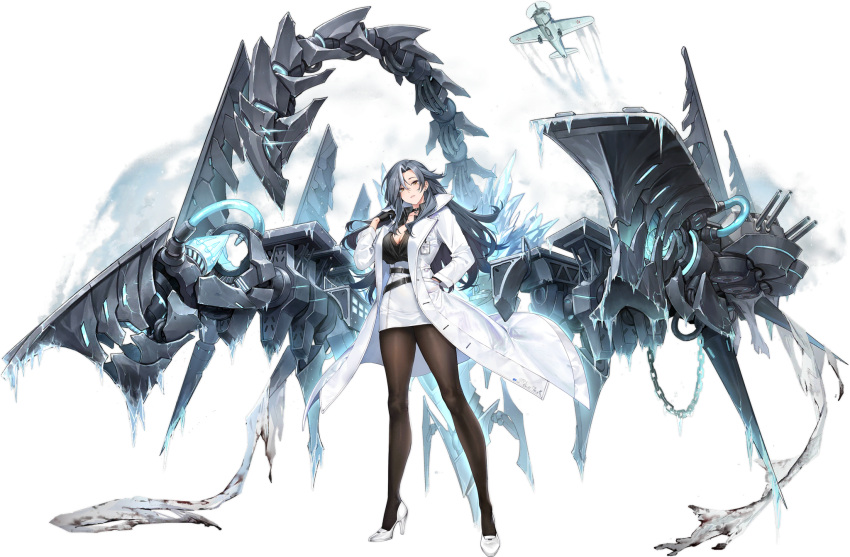 aircraft airplane azur_lane black_choker black_gloves black_shirt breasts chkalov_(azur_lane) choker coat female gloves grey_hair hand_in_pocket hand_up high_heels highres lab_coat long_hair looking_at_viewer machinery medium_breasts nagu official_art pantyhose parted_lips pencil_skirt rigging shirt skirt solo standing transparent_background white_coat white_footwear white_skirt yellow_eyes