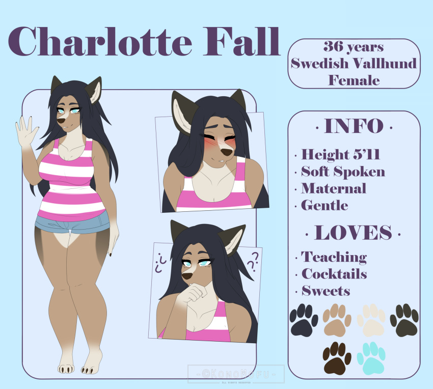 anthro big_breasts breasts canid canine canis clothed clothing copyright_symbol domestic_dog english_text feet female flat_colors fur hi_res konomofu mammal model_sheet paws plantigrade slightly_chubby solo spitz swedish_vallhund symbol text