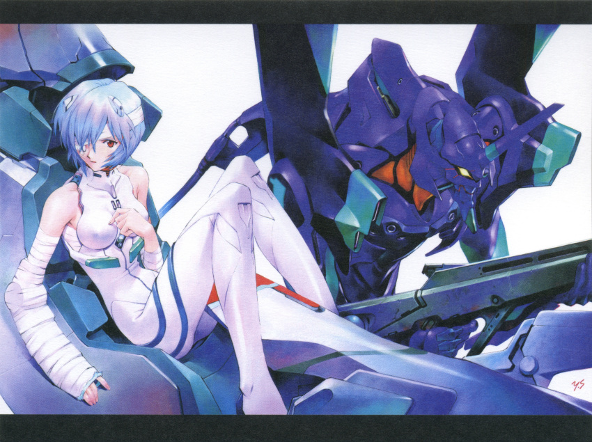 absurdres ayanami_rei bandage_over_one_eye bandages bare_shoulders blue_hair bodysuit breasts cockpit collarbone color_halftone energy_gun entry_plug eva_01 evangelion_(mecha) eyepatch female glowing glowing_eye gun headgear highres holding holding_gun holding_weapon horns interface_headset looking_to_the_side mecha mechanical_horns medical_eyepatch medium_breasts neon_genesis_evangelion official_art pallet_rifle_(evangelion) photoshop_(medium) pilot_suit plugsuit red_eyes robot sadamoto_yoshiyuki scan science_fiction serious signature single_horn sitting solo weapon white_bodysuit