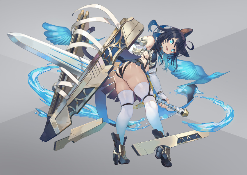 animal_ears ass black_hair black_tail blue_eyes boots breasts cat_ears cat_girl cat_tail elbow_gloves female fingerless_gloves fran_(tensei_shitara_ken_deshita) full_body gloves glowing glowing_eyes hair_between_eyes high_heel_boots high_heels highres holding holding_sword holding_weapon huge_weapon hydrokinesis looking_at_viewer looking_back magic medium_breasts natori_youkai oerba_yun_fang open_mouth sheath shishou_(tensei_shitara_ken_deshita) simple_background skindentation slit_pupils smile solo sword tail tensei_shitara_ken_deshita thighhighs thighs unsheathing water weapon white_gloves white_thighhighs wrist_guards