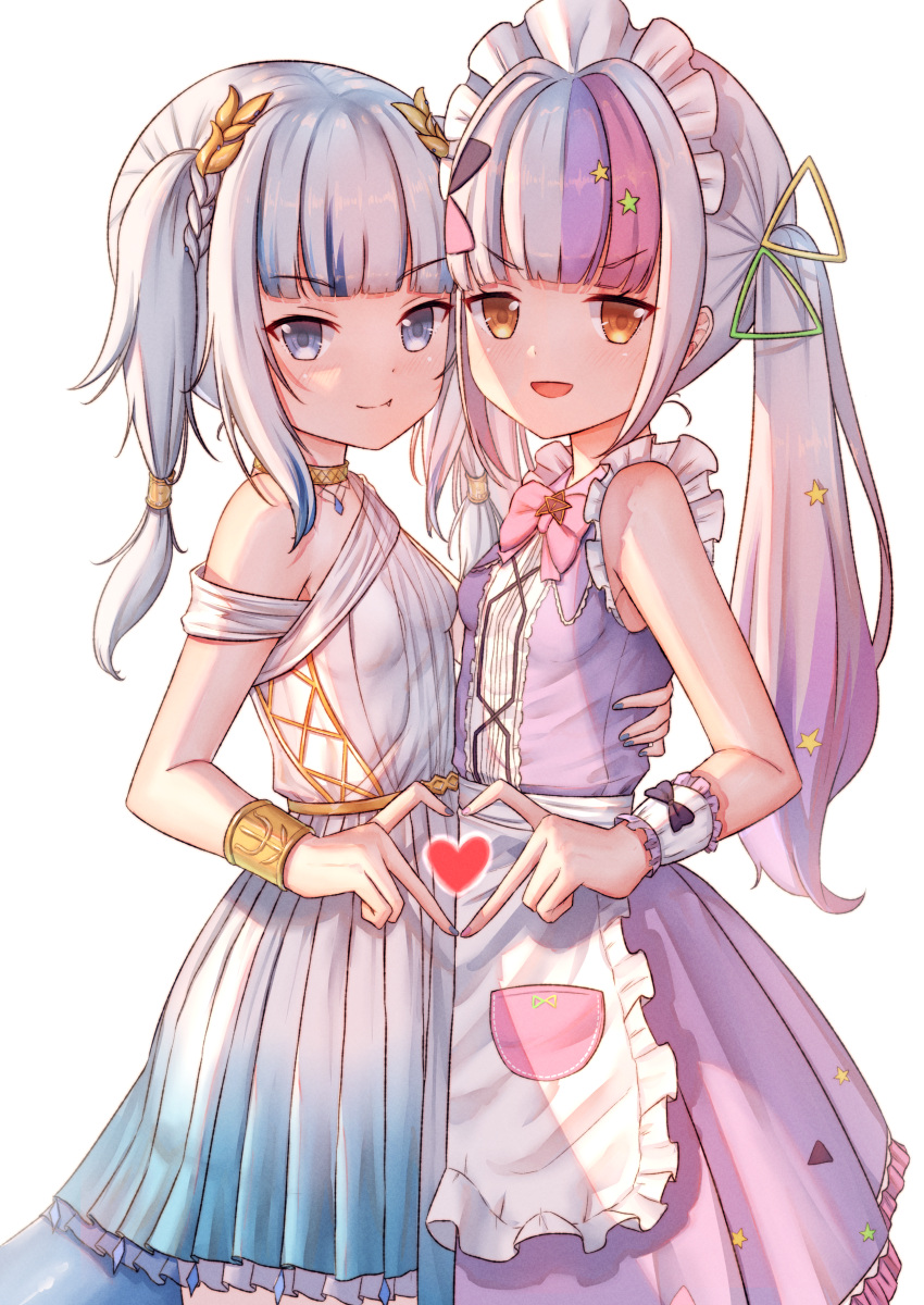 2girls :d absurdres apron blue_eyes blue_hair blue_nails blunt_bangs braid breasts closed_mouth commentary_request fang_out fins fish_tail gawr_gura gawr_gura_(party_dress) grey_hair hair_ornament heart heart_hands heart_hands_duo highres hololive hololive_english looking_at_viewer magical_girl multicolored_hair multiple_girls murasaki_shion murasaki_shion_(magical_girl_maid) nail_polish oerba_yun_fang official_alternate_costume open_mouth orange_eyes pink_hair purple_hair ray_peng shark_tail sleeveless small_breasts smile star_(symbol) star_hair_ornament tail twintails two-tone_hair v-shaped_eyebrows virtual_youtuber waist_apron wrist_cuffs