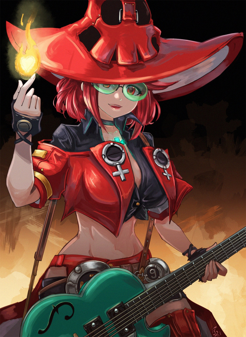 black_shirt boots breasts chest_jewel cosplay cowboy_shot crop_top cropped_jacket crossover female fire fusion glasses green-tinted_eyewear guilty_gear guilty_gear_strive guitar hat highres i-no i-no_(cosplay) instrument jacket large_breasts looking_at_viewer midriff narrow_waist possessed pyra_(xenoblade) pyrokinesis red_eyes red_footwear red_hair red_hat red_jacket shirt short_hair short_shorts shorts solo stoic_seraphim sunglasses super_smash_bros. swept_bangs thigh_boots tinted_eyewear venus_symbol witch_hat xenoblade_chronicles_(series) xenoblade_chronicles_2