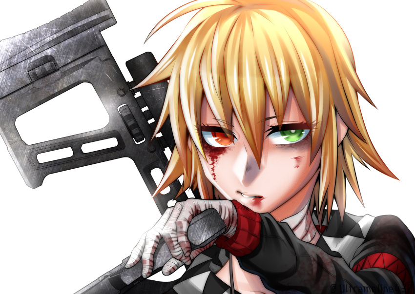 absurdres bandaged_hand bandaged_neck bandages black_hoodie blonde_hair blood blood_from_eyes cafe_no_zombi-ko cafe_no_zombi-ko_(2nd_costume) commentary_request female green_eyes gun handgun heterochromia highres holding holding_gun holding_weapon hood hoodie long_sleeves looking_at_viewer parted_lips project_upd8 red_eyes shin_(ultramarine430) short_hair solo upper_body virtual_youtuber weapon white_background