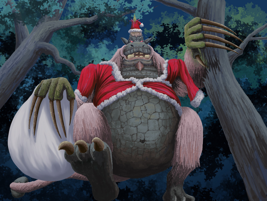 capcom christmas claws congalala fat gadowiiru monster monster_hunter no_humans santa_costume santa_suit tail torn_clothes