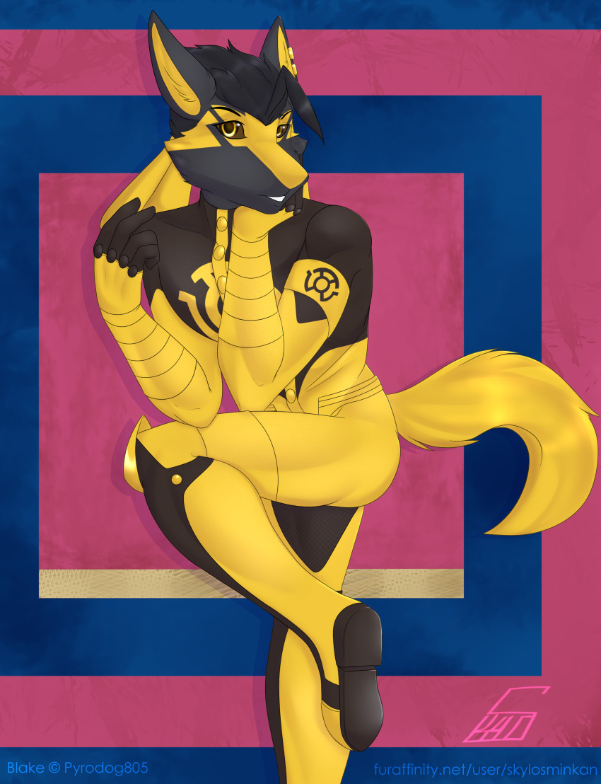 absurd_res alternate_color anthro biped blake_o_neil canid clothed clothing digital_media_(artwork) fan_character generation_4_pokemon hi_res jojo's_bizarre_adventure lucario male mammal meme nintendo pokemon pokemon_(species) pose shaded skylosminkan solo yellow_lantern