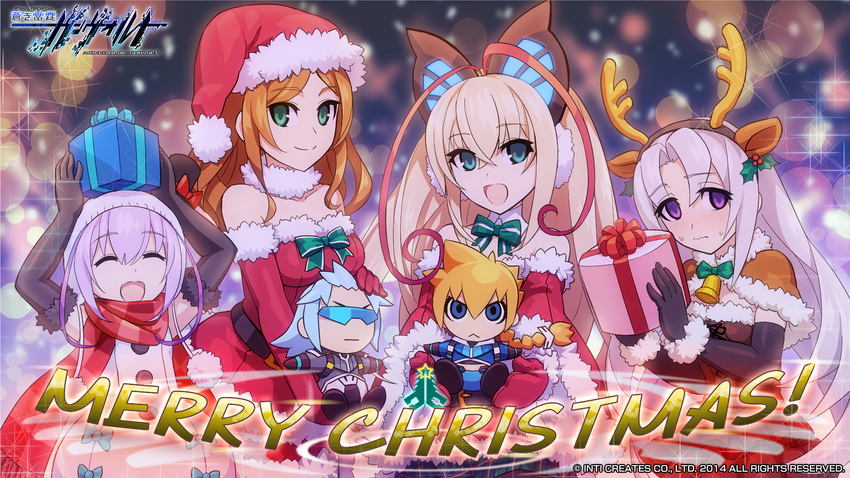 4girls asimov_(gunvolt) azure_striker_gunvolt blonde_hair blue_eyes blurry bokeh brown_hair closed_eyes depth_of_field doll elbow_gloves elise_(gunvolt) gift gloves green_eyes gunvolt hat hatakeyama_yoshitaka highres joule_(gunvolt) light_purple_hair lumen_(gunvolt) merry_christmas monica_(gunvolt) multiple_girls purple_eyes santa_costume santa_hat scarf shawl sunglasses