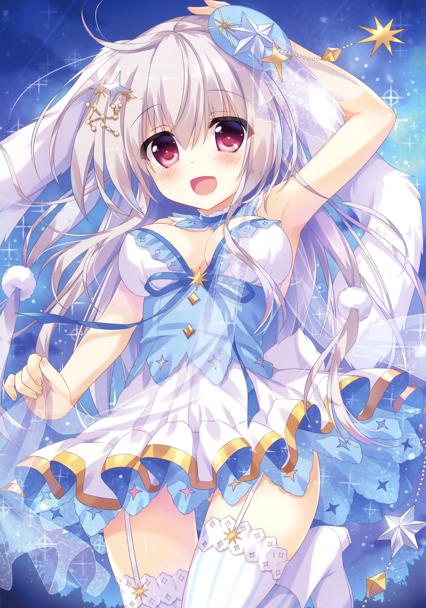 :d absurdres ameto_yuki arm_up armpits ass_visible_through_thighs blanc_(ameto_yuki) boots breasts cleavage dress female garter_straps hair_ornament high_heel_boots high_heels highres long_hair looking_at_viewer medium_breasts open_mouth original red_eyes see-through silver_hair smile solo standing star_(symbol) star_hair_ornament striped_clothes striped_thighhighs thigh_gap thighhighs white_footwear white_thighhighs