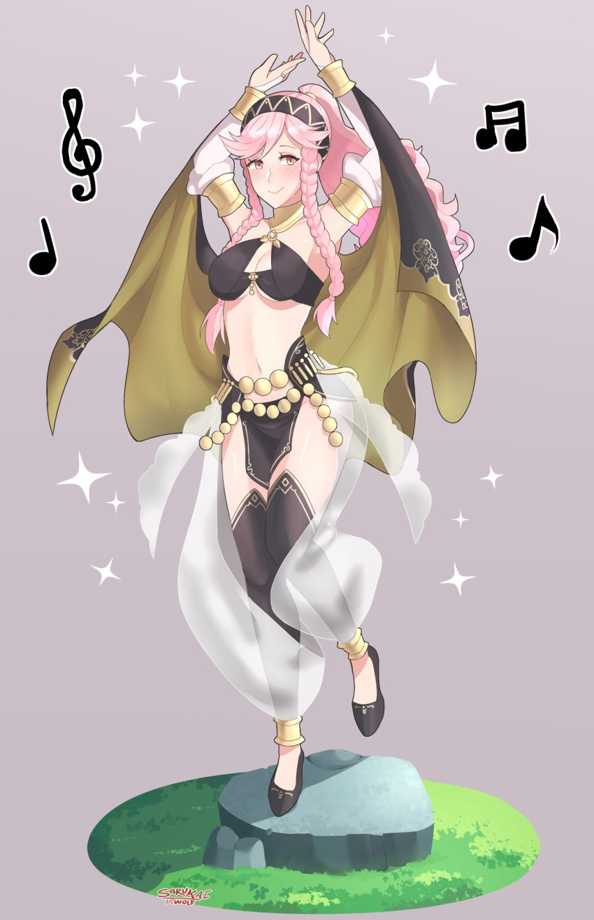 armlet arms_up artist_name bare_shoulders blush braid breasts bridal_gauntlets cleavage closed_mouth commentary english_commentary female fire_emblem fire_emblem_awakening fire_emblem_heroes full_body grass grey_background hairband highres long_hair medium_breasts midriff musical_note navel olivia_(fire_emblem) olivia_(performing_arts)_(fire_emblem) pelvic_curtain pink_eyes pink_hair ponytail rock sarukaiwolf side_braid simple_background smile solo sparkle standing standing_on_one_leg twin_braids