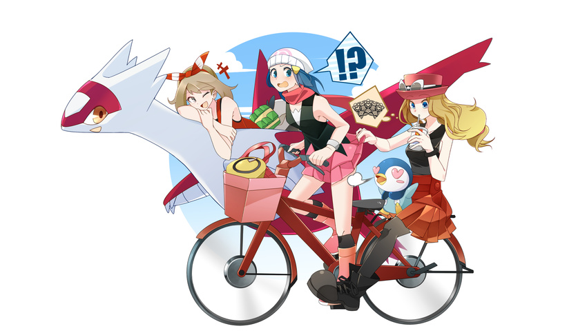 !? 3girls :d backpack bag beanie bicycle bird black_thighhighs blonde_hair blue_eyes blue_hair blush_stickers boots brown_hair clothes_lift commentary_request dawn_(pokemon) dragon drinking drinking_straw eyewear_on_head hair_ornament hair_ribbon hat heart heart-shaped_eyes heart-shaped_pupils highres implied_pantyshot latias laughing long_hair may_(pokemon) multiple_girls one_eye_closed open_mouth penguin pink_footwear piplup pleated_skirt pokemon pokemon_(creature) pokemon_dppt pokemon_oras pokemon_xy red_scarf ribbon riding riding_pokemon scarf serena_(pokemon) shirt skirt skirt_lift sleeveless sleeveless_shirt smile spoken_interrobang staring sunglasses symbol-shaped_pupils thighhighs thought_bubble total9