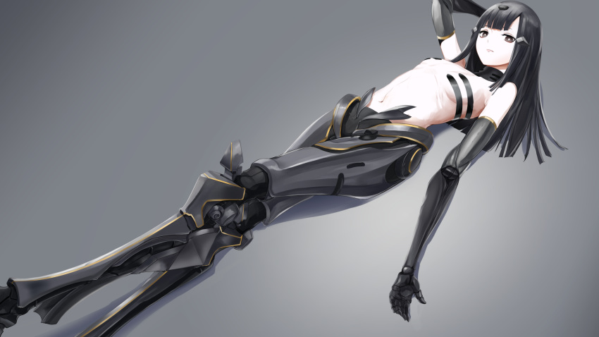 android black_hair blunt_bangs brown_eyes commentary_request expressionless female girls'_frontline highres hime_cut joints long_hair lying mechanical_arms navel nyto_(generic)_(girls'_frontline) nyto_(girls'_frontline) on_back pale_skin paradeus ribs robot_joints sanderson simple_background single_mechanical_arm topless