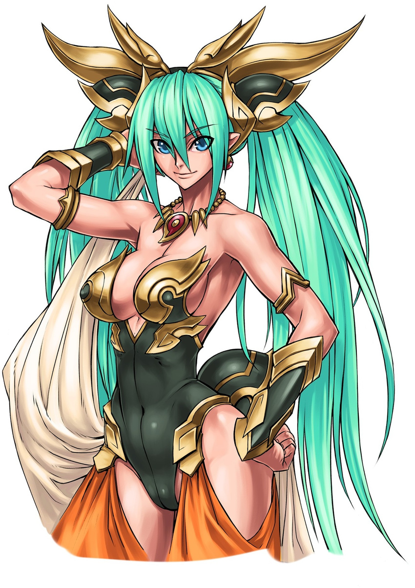 aqua_hair armlet artist_request bare_shoulders benten_(cho_aniki) blue_eyes bracer breasts cho_aniki covered_navel earrings female hand_in_own_hair hand_on_own_hip harem_pants headgear highres jewelry large_breasts leotard lips long_hair magatama necklace nose official_art pants pearl_necklace pointy_ears smile solo twintails