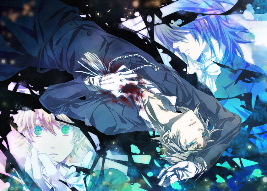 3boys aqua_eyes blonde_hair blood blue_eyes brown_hair commentary death earrings elliot_nightray formal gloves grey_hair jewelry leo_(pandora_hearts) male_focus multiple_boys no_eyes oz_vessalius pandora_hearts photoshop_(medium) qike_xiu spoilers white_gloves