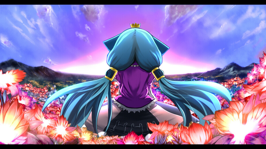 7th_dragon 7th_dragon_(series) bad_id bad_pixiv_id blue_hair cloud crown female field floro_(7th_dragon) flower flower_field from_behind horizon letterboxed long_hair mantarou_(shiawase_no_aoi_tori) momomeno_(7th_dragon) mountain princess_(7th_dragon) scenery solo sunset twintails