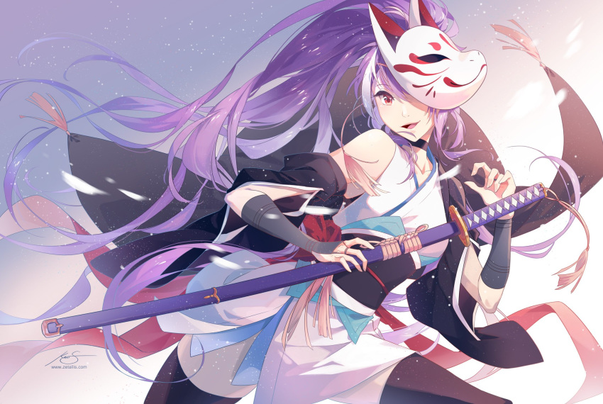 black_thighhighs bridal_gauntlets commentary english_commentary female fox_mask highres japanese_clothes katana kimono long_hair mask original ponytail purple_hair red_eyes short_kimono smile solo sword thighhighs very_long_hair weapon zetallis