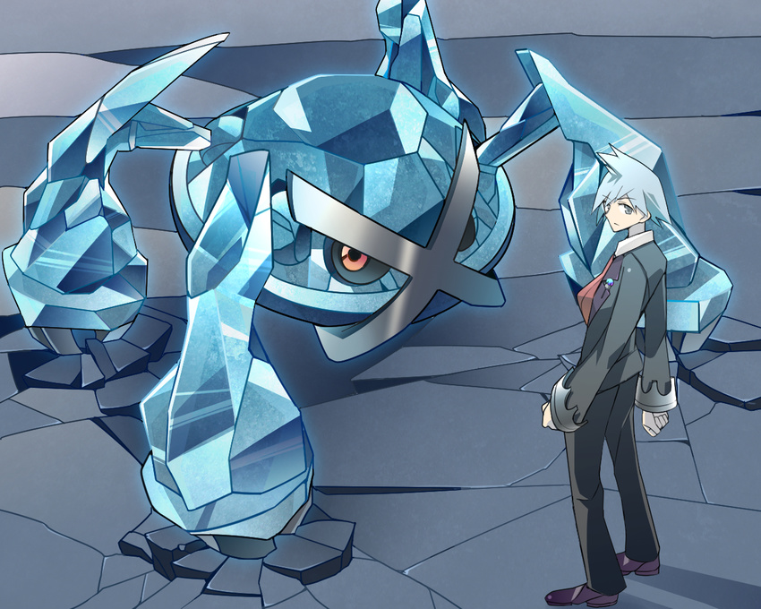 1boy claws closed_mouth comiket_87 commentary_request crack formal grey_eyes grey_hair long_sleeves looking_at_viewer looking_back metagross metal pokemon pokemon_(creature) pokemon_oras red_eyes shiny spiked_hair steven_stone suit total9