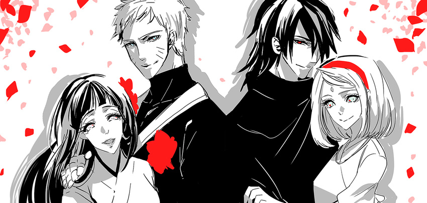 2boys 2girls bad_id bad_pixiv_id black_hair couple hanazawa hyuuga_hinata japanese_clothes kimono long_hair monochrome multiple_boys multiple_girls naruto naruto_(series) photoshop_(medium) sakura_haruno short_hair smile spot_color straight uchiha_sasuke uzumaki_naruto