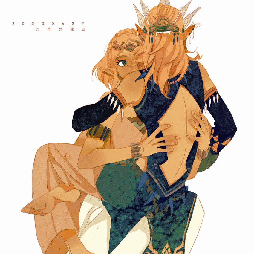 1boy armlet back_cutout barefoot blonde_hair bracelet clothing_cutout detached_sleeves female frostbite_set_(zelda) green_eyes hand_on_another's_back highres jewelry link looking_at_another luoman19921 median_furrow medium_hair pointy_ears princess_zelda short_hair sitting sitting_on_lap sitting_on_person the_legend_of_zelda the_legend_of_zelda:_tears_of_the_kingdom tiara touching_another's_back