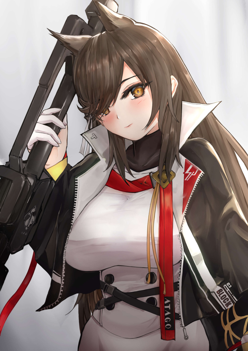 absurdres animal_ears atago_(azur_lane) azur_lane belt black_jacket breasts brown_eyes brown_hair character_name cosplay female gloves hair_over_one_eye half_gloves high_collar highres holding holding_weapon jacket large_breasts looking_at_viewer open_clothes open_jacket simple_background skirt solo takahasho takao_(meta)_(azur_lane) takao_(meta)_(azur_lane)_(cosplay) weapon white_background white_gloves white_skirt