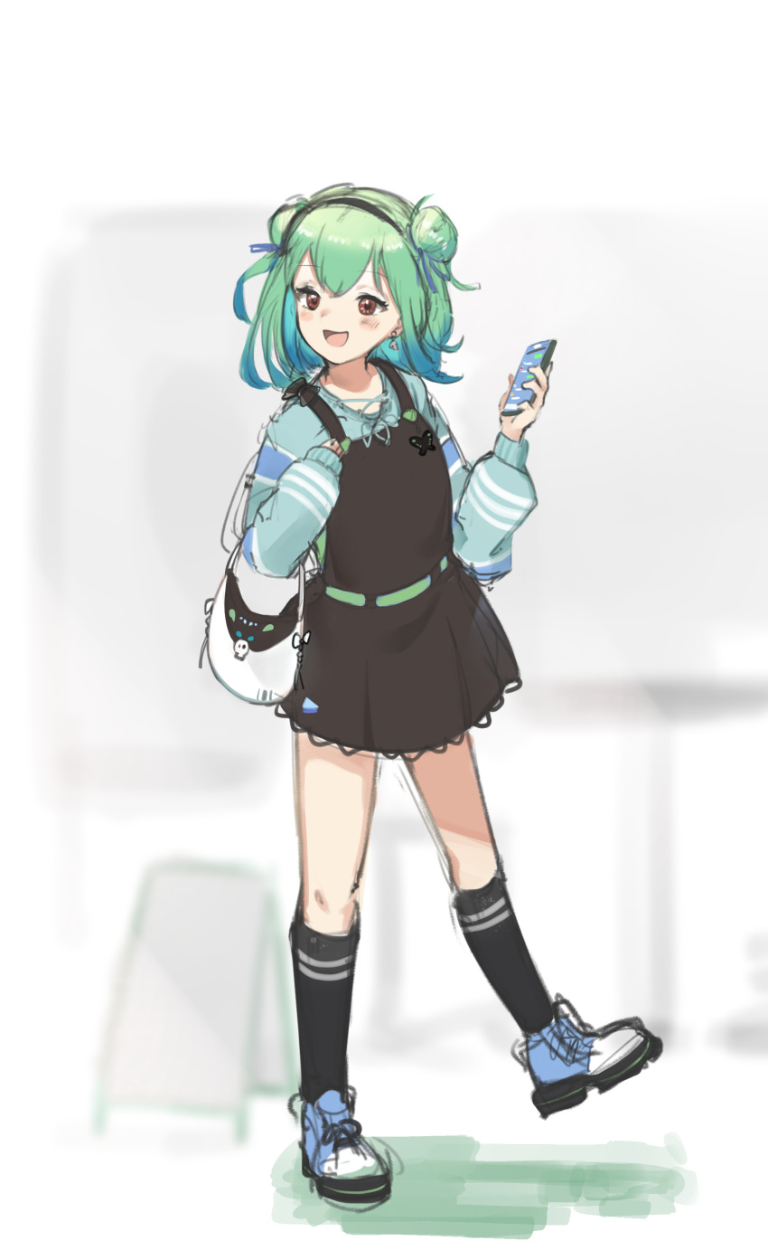 :d absurdres alternate_costume bag black_dress black_socks blue_footwear blue_hair blush commentary_request dress female full_body gradient_hair green_hair green_sweater highres holding holding_phone hololive kneehighs long_sleeves looking_away medium_hair mimizuku_(mmiganaru) multicolored_hair phone pinafore_dress puffy_long_sleeves puffy_sleeves red_eyes shoes sleeveless sleeveless_dress smile socks solo sweater uruha_rushia virtual_youtuber