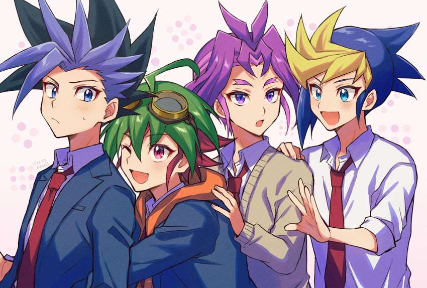 4boys alternate_costume arms_around_waist bangs blush casual forked_eyebrows male_focus mikami_(mkm0v0) multicolored_hair multiple_boys necktie purple_eyes purple_hair red_necktie sakaki_yuuya school_uniform simple_background sweatdrop two-tone_hair upper_body yu-gi-oh! yu-gi-oh!_arc-v yuugo_(yu-gi-oh!) yuuri_(yu-gi-oh!) yuuto_(yu-gi-oh!)