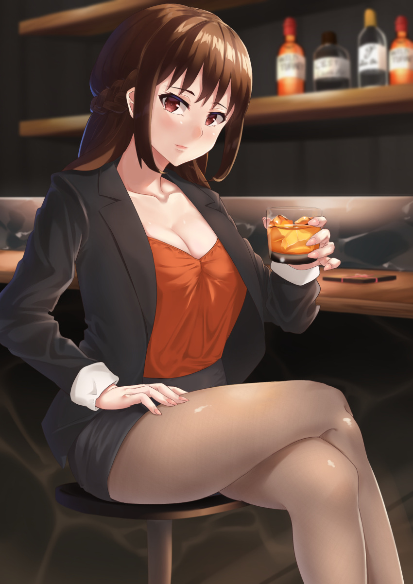 alcohol black_jacket black_skirt braid breasts brown_eyes brown_hair cleavage counter crossed_legs cup female hand_on_own_leg highres holding holding_cup indoors jacket long_hair looking_at_viewer medium_breasts pantyhose pencil_skirt psycho-pass ryouya shimotsuki_mika sidelocks sitting skirt solo stool