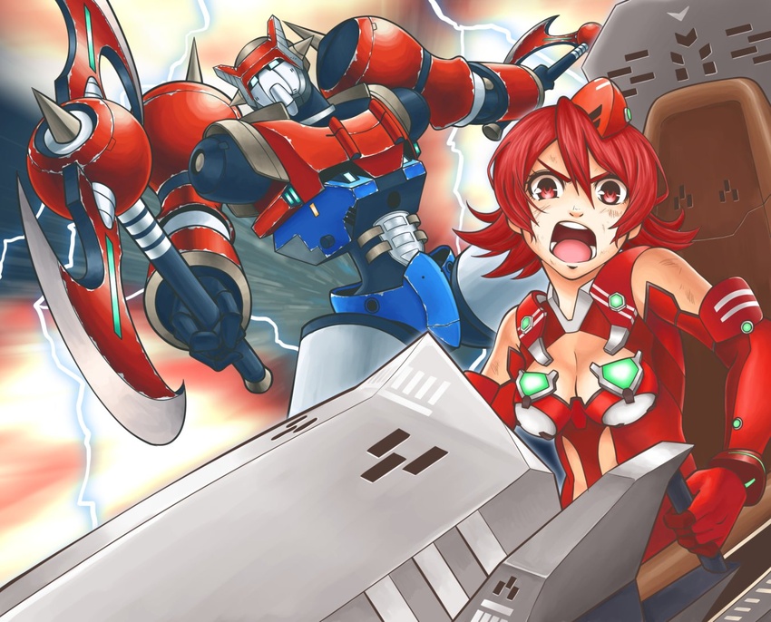 axe blue_eyes breasts cleavage cleavage_cutout clothing_cutout cockpit doumoto dual_wielding electricity female gloves holding holding_axe leotard looking_at_viewer looking_to_the_side mecha medium_breasts open_mouth origami_akara origamion_alpha red_eyes red_gloves red_headwear red_leotard robot school_girl_strikers short_hair sitting super_robot