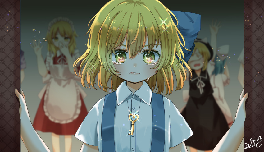 absurdres alice_margatroid alice_margatroid_(pc-98) blonde_hair blue_dress blue_hairband check_commentary closed_mouth commentary_request crying crying_with_eyes_open diao_ye_zong dress female green_eyes grey_background hair_ornament hairband highres key looking_at_viewer mai_(touhou) open_door sad salt_(seasoning) short_hair short_sleeves suspenders tears touhou touhou_(pc-98) yellow_eyes yuki_(touhou) yumeko_(touhou)